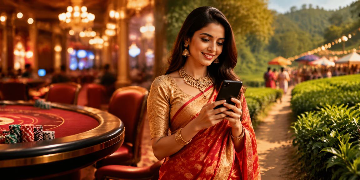 A woman in a saree placing bets on her mobile in Bogura
